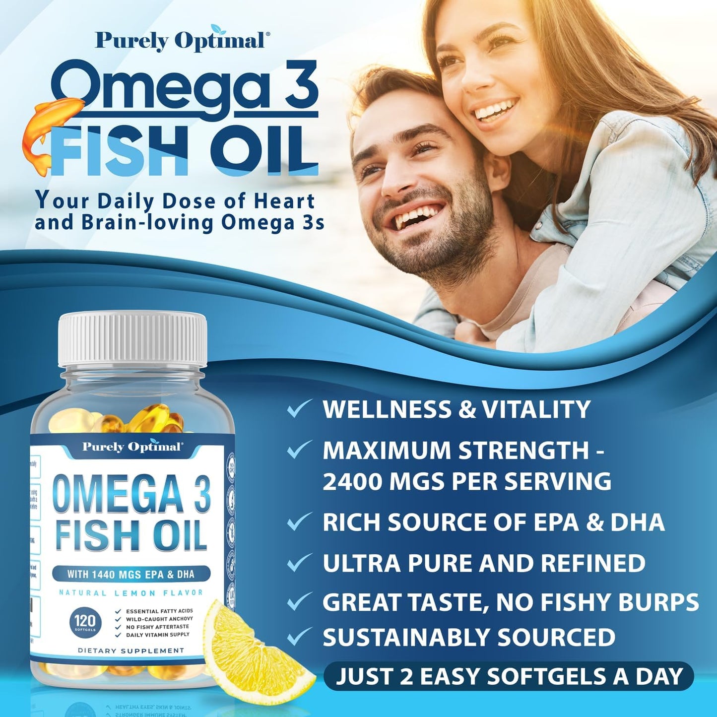 Premium Omega-3 Fish Oil Supplement with 1440mg DHA & EPA, 2400mg Omega-3 Per Serving - 120 Softgels, Supports Vision, Joints, Memory, Burpless Formula