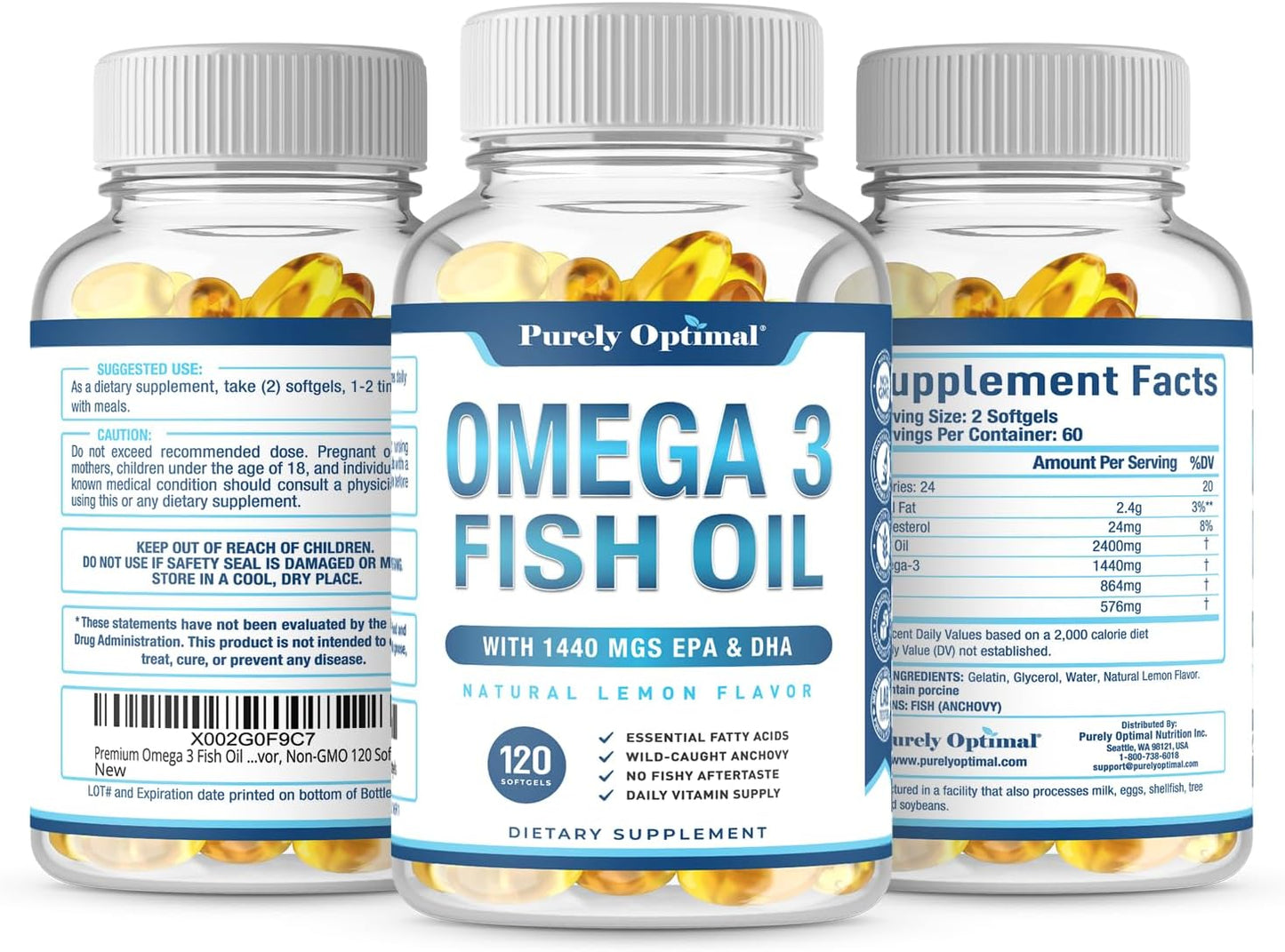 Premium Omega-3 Fish Oil Supplement with 1440mg DHA & EPA, 2400mg Omega-3 Per Serving - 120 Softgels, Supports Vision, Joints, Memory, Burpless Formula