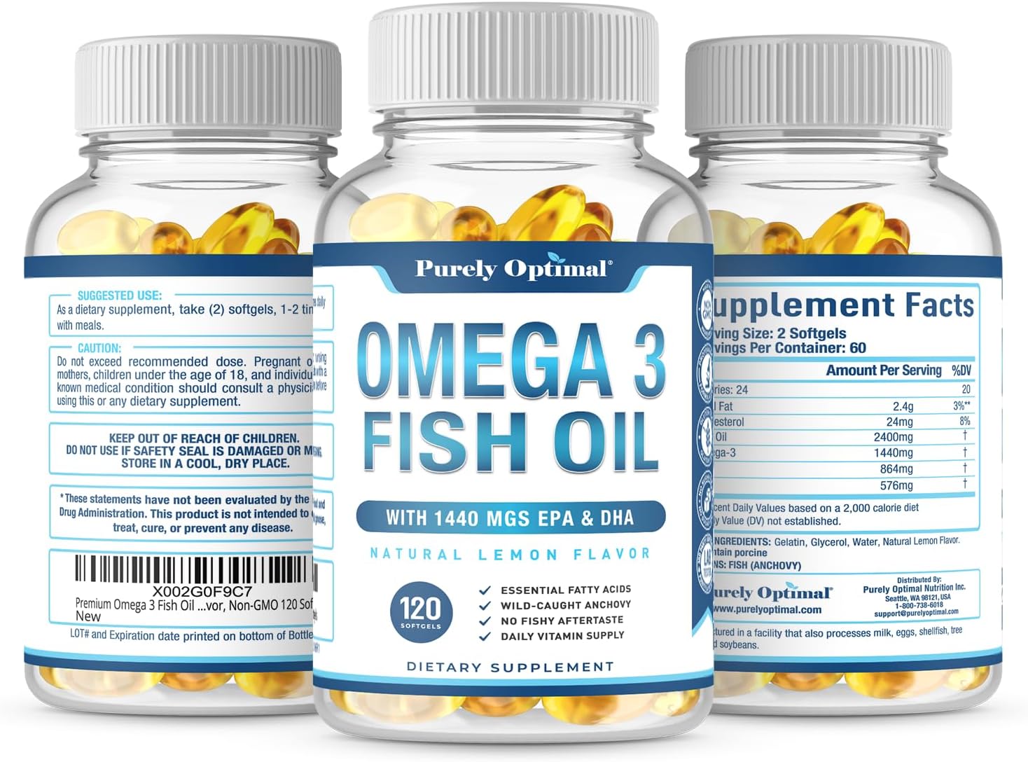 Premium Omega-3 Fish Oil Supplement with 1440mg DHA & EPA, 2400mg Omega-3 Per Serving - 120 Softgels, Supports Vision, Joints, Memory, Burpless Formula