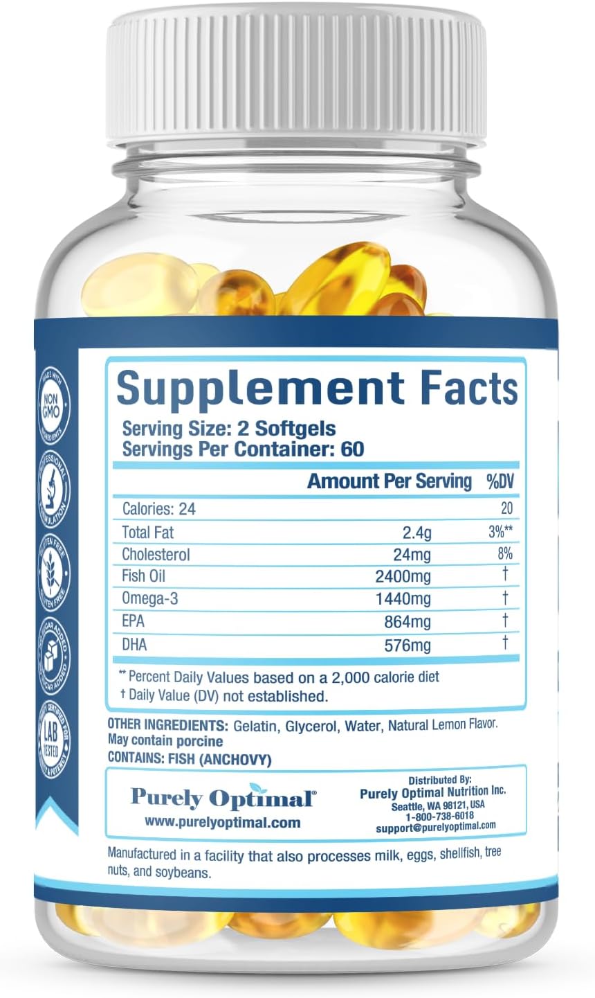 Premium Omega-3 Fish Oil Supplement with 1440mg DHA & EPA, 2400mg Omega-3 Per Serving - 120 Softgels, Supports Vision, Joints, Memory, Burpless Formula