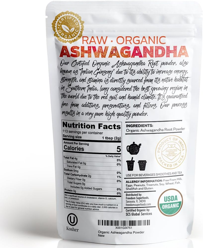 Premium Organic Ashwagandha Root Powder Extract - Potent Adaptogen for Hair Growth & Height - Vegan, Gluten Free - 8oz