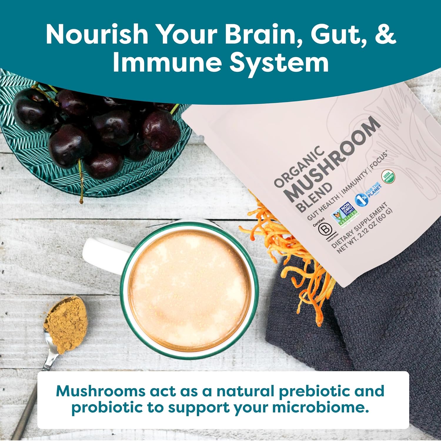 Premium Organic Mushroom Blend Supplement Powder - 10 Mushroom Mix for Gut Health & Energy Boost - Vegan & Kosher - 2.12 Oz