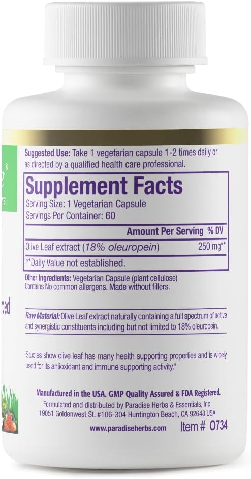 Premium Paradise Herbs Olive Leaf Extract Capsules - Spanish Andalusian Trees, Super Potent and Pure - Non-GMO, Vegan, Gluten-Free - 60 Count