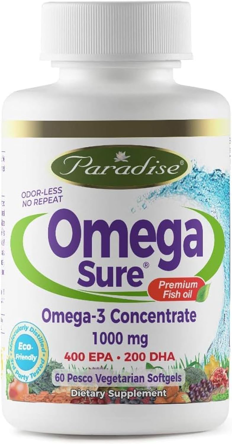 Premium Paradise Herbs Omega-3 Concentrate, DHA, EPA, Vegan, Non-GMO, Gluten-Free Softgels - 60 Count