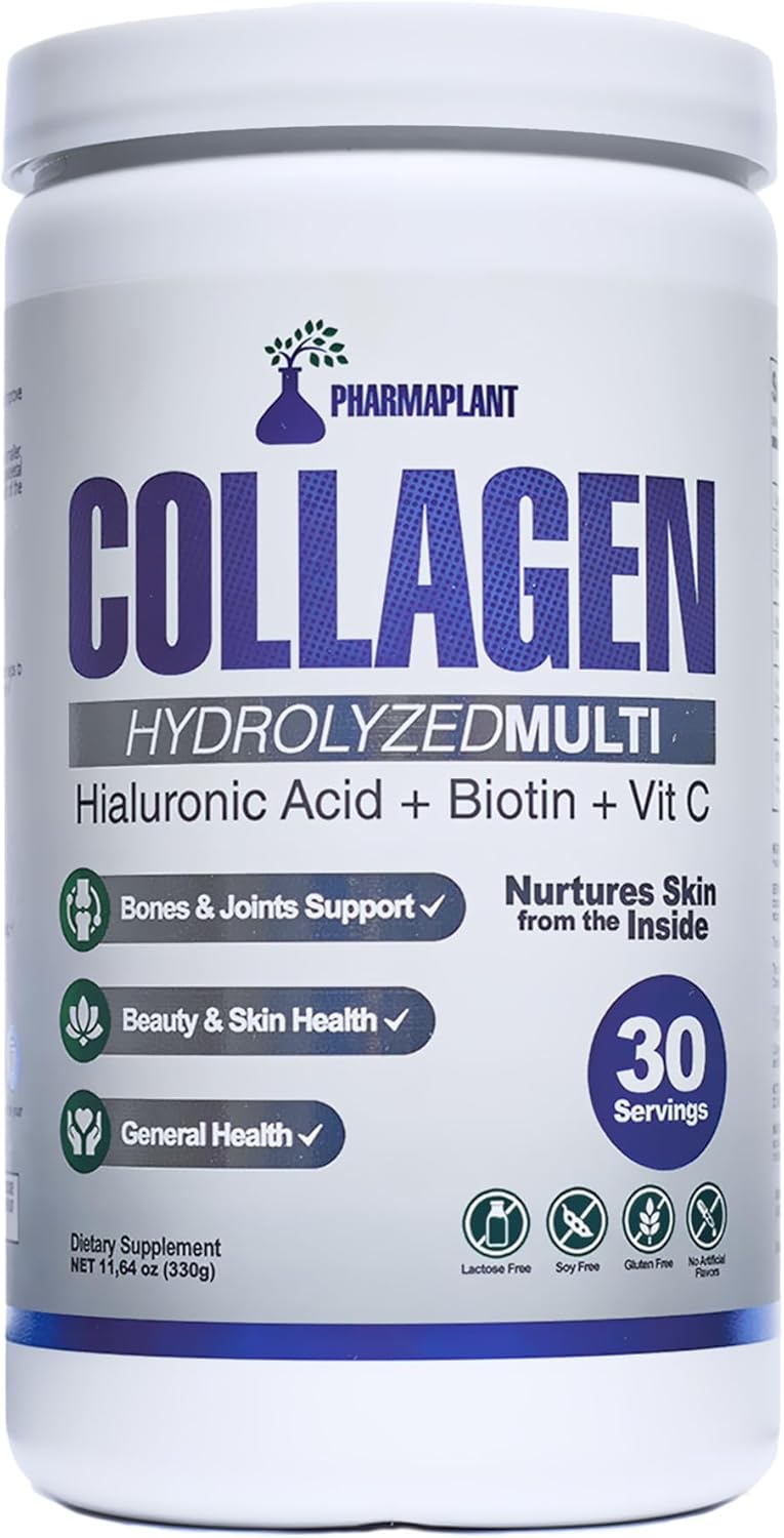 Premium Pharmaplant Collagen Hydrolyzed Multi Powder with Hyaluronic Acid, Biotin, and Vitamin C - Supports Skin, Hair, Nails, and Joint Health - Grass-Fed, GMO-Free, Keto Friendly - 330g