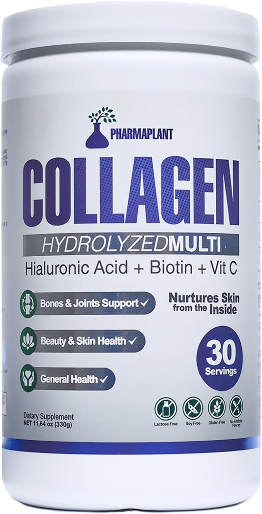 Premium Pharmaplant Collagen Hydrolyzed Multi Powder with Hyaluronic Acid, Biotin, and Vitamin C - Supports Skin, Hair, Nails, and Joint Health - Grass-Fed, GMO-Free, Keto Friendly - 330g