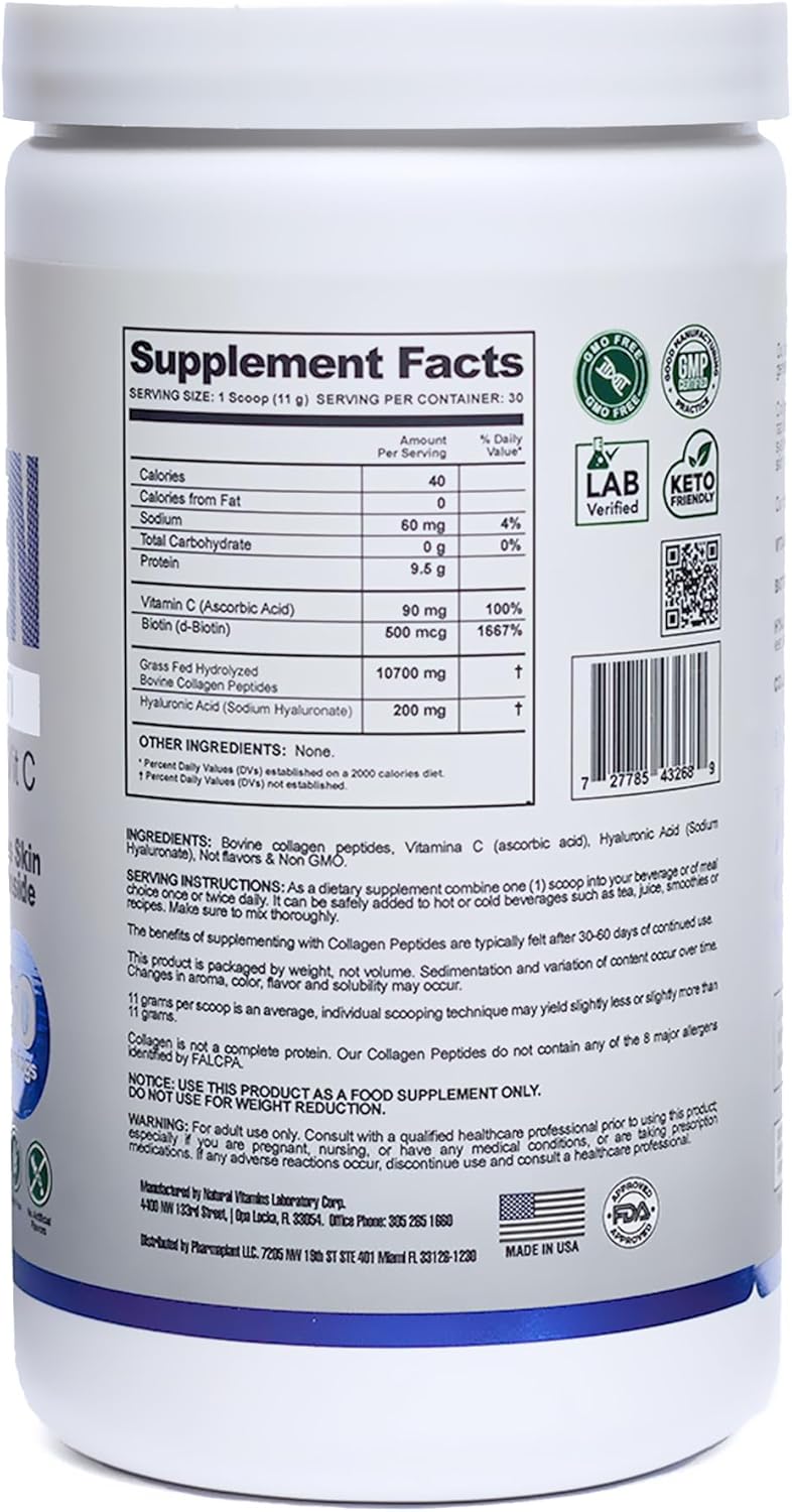 Premium Pharmaplant Collagen Hydrolyzed Multi Powder with Hyaluronic Acid, Biotin, and Vitamin C - Supports Skin, Hair, Nails, and Joint Health - Grass-Fed, GMO-Free, Keto Friendly - 330g