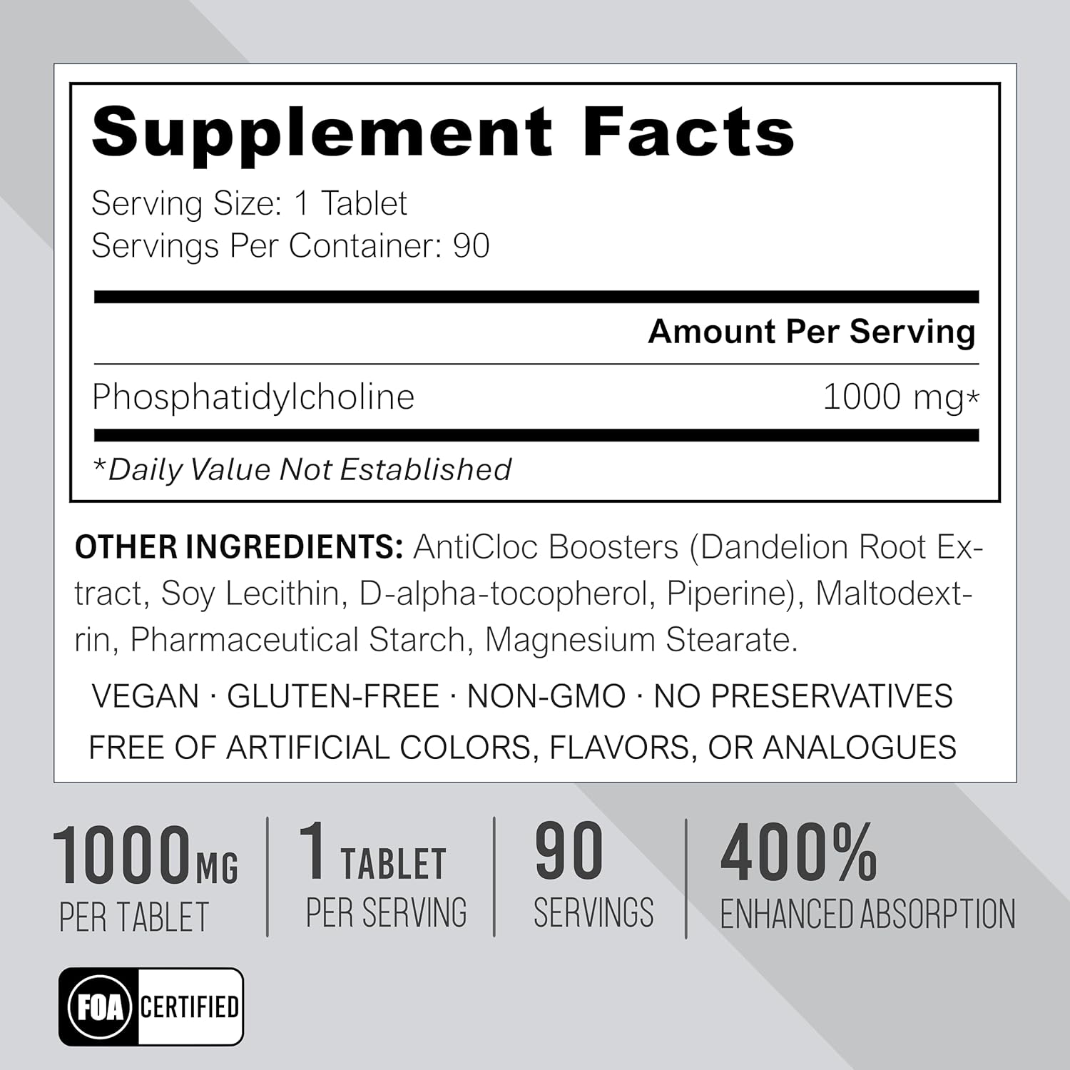 Premium Phosphatidylcholine PC 1000MG Tablets | 90 Day Supply | 5X Ultra Absorption | Max Strength | Supports Methylation & Epigenome | Anti-Aging | Brain & Liver Health