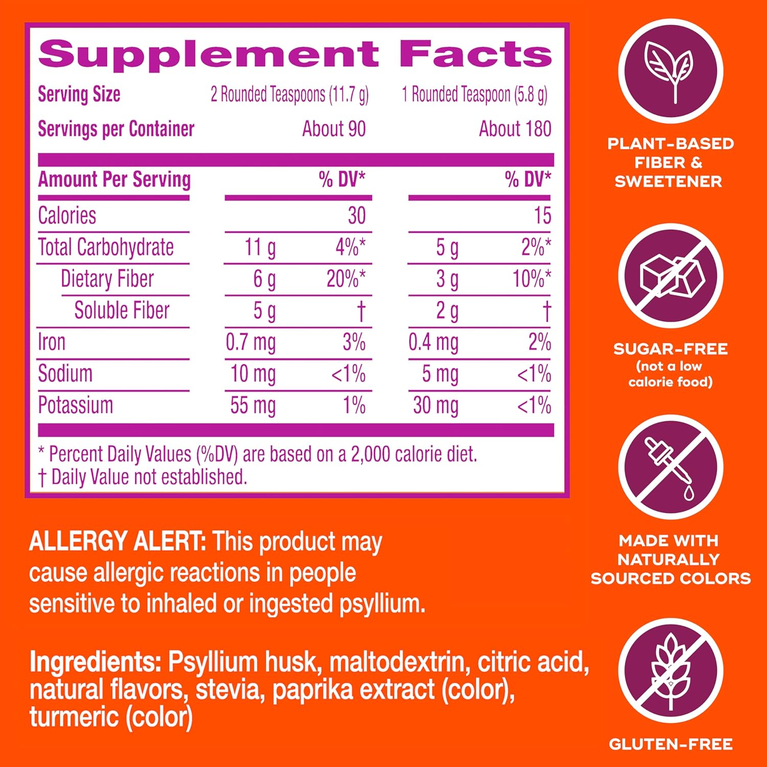 Premium Plant-Based Fiber Supplement for Digestive Health - Metamucil 4-in-1 Psyllium Husk Powder, Sugar-Free Orange Flavor, 180 Servings