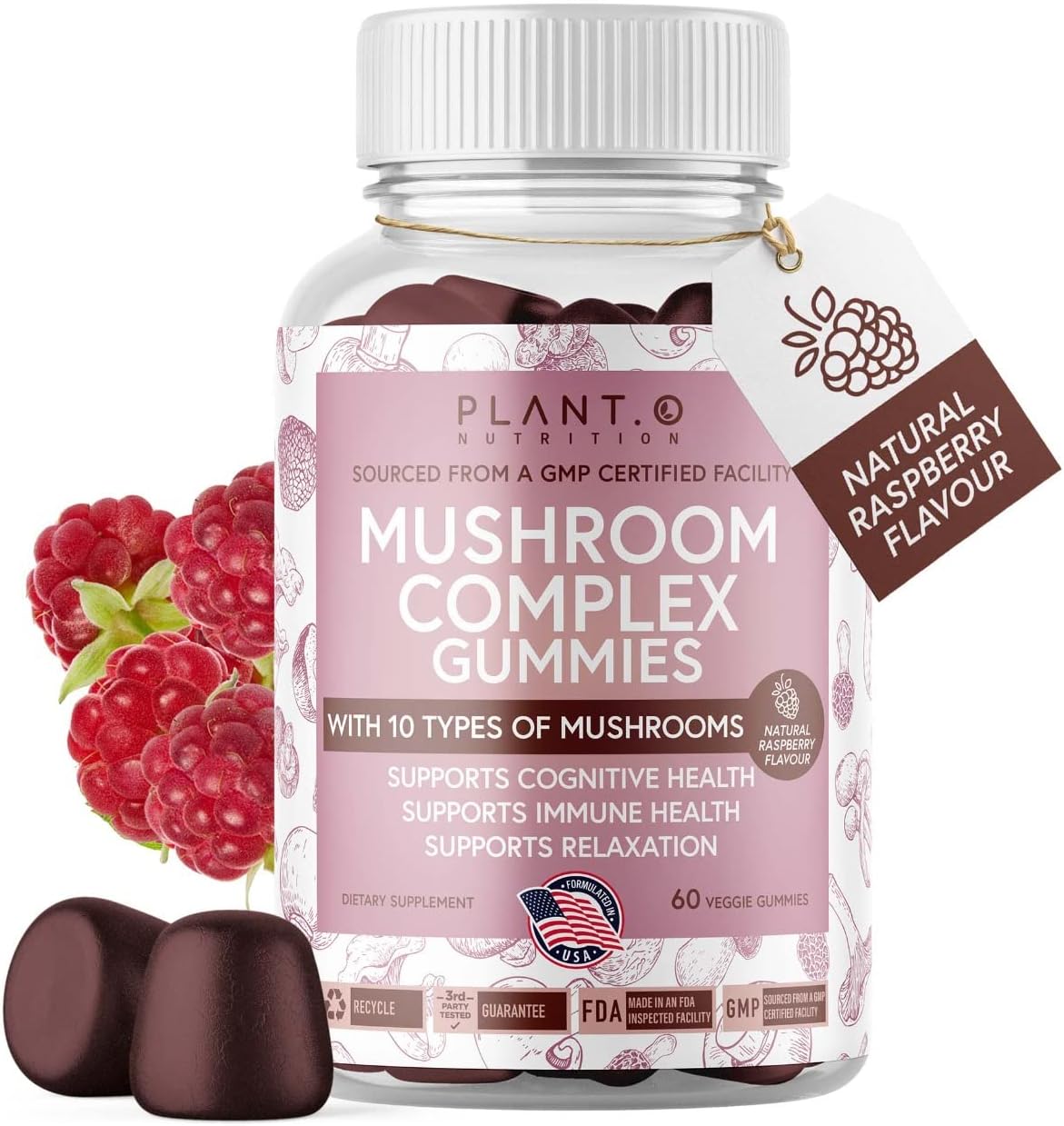 Premium Plant-Based Mushroom Gummies: 10 Mushroom Complex with Lion's Mane, Reishi, Shiitake Extract for Brain, Immune Support, and Mood - 60 Chews