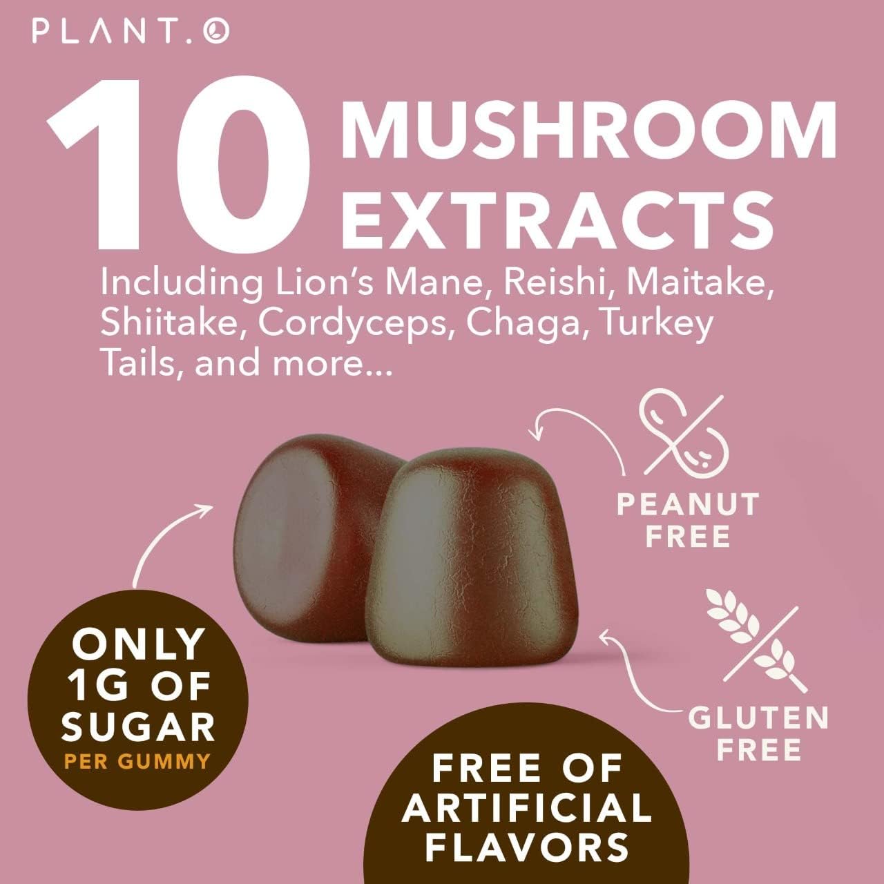 Premium Plant-Based Mushroom Gummies: 10 Mushroom Complex with Lion's Mane, Reishi, Shiitake Extract for Brain, Immune Support, and Mood - 60 Chews