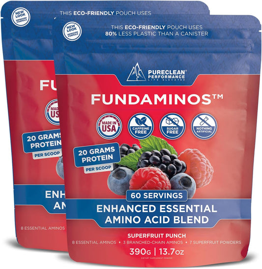 Premium Plant Based Organic Amino Acids & BCAA Powder for Muscle Mass & Recovery - PureClean Performance FUNDAMINOS Supplement (2 Bags, 60 Servings)