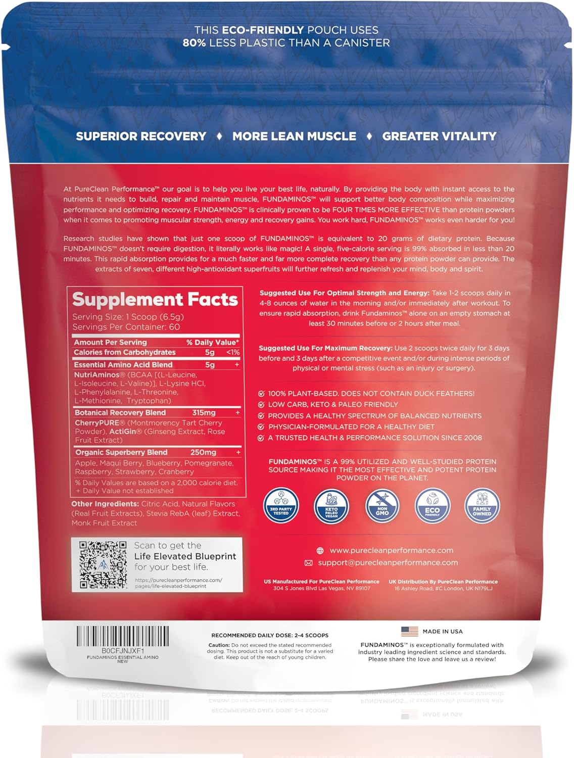Premium Plant Based Organic Amino Acids & BCAA Powder for Muscle Mass & Recovery - PureClean Performance FUNDAMINOS Supplement (2 Bags, 60 Servings)