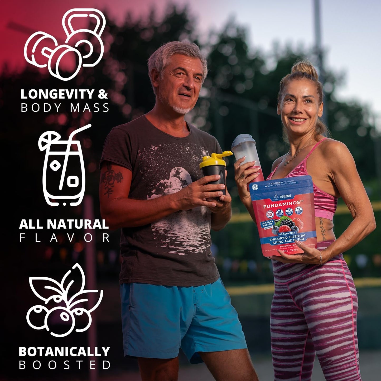 Premium Plant Based Organic Amino Acids & BCAA Powder for Muscle Mass & Recovery - PureClean Performance FUNDAMINOS Supplement (2 Bags, 60 Servings)