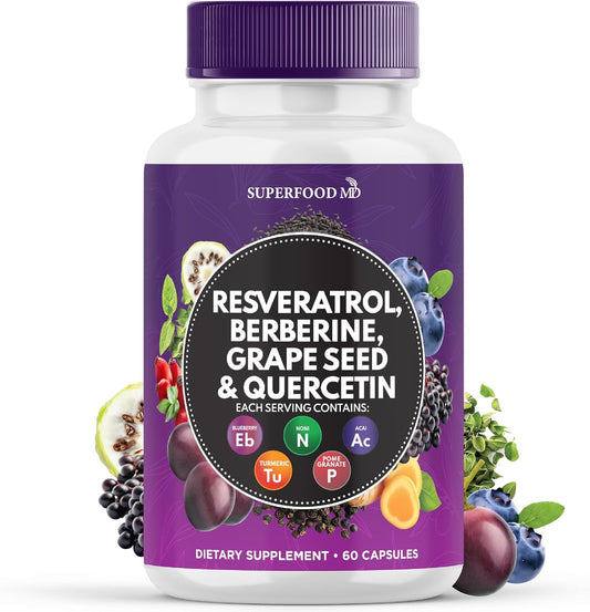 Premium Polyphenol Superfood Supplement with Resveratrol, Berberine, and Grape Seed Extract - Includes Noni, N-Acetyl Cysteine, and Acai - 60 Capsules - Made in USA
