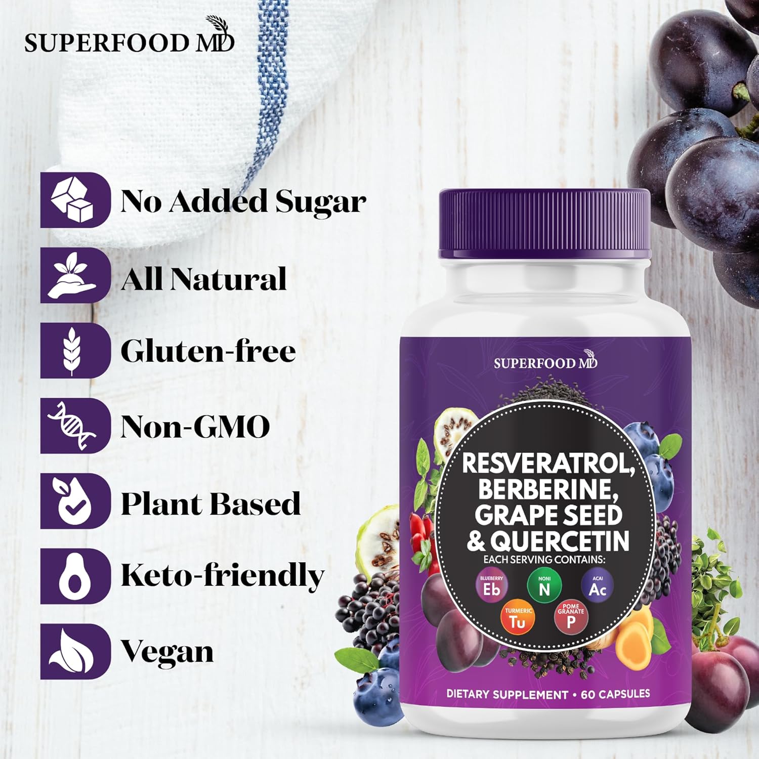 Premium Polyphenol Superfood Supplement with Resveratrol, Berberine, and Grape Seed Extract - Includes Noni, N-Acetyl Cysteine, and Acai - 60 Capsules - Made in USA