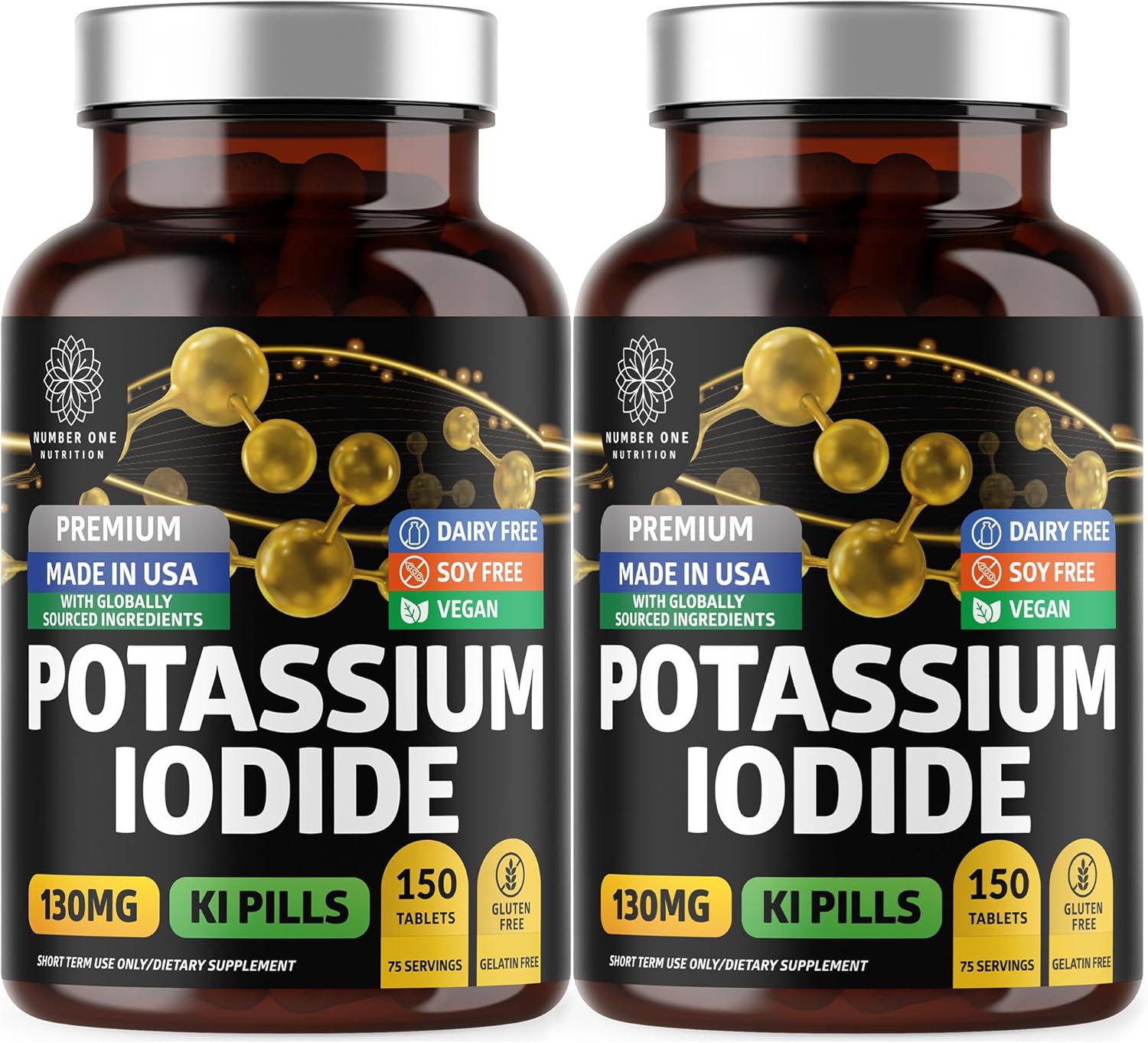 Premium Potassium Iodide Supplement 2 Pack [130mg, 300 Tablets] - Natural Iodine for Kids & Adults - High Purity KI Pills - Made in USA - Gluten Free
