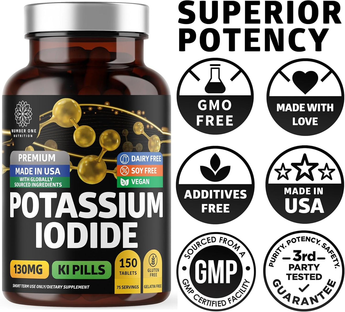Premium Potassium Iodide Supplement 2 Pack [130mg, 300 Tablets] - Natural Iodine for Kids & Adults - High Purity KI Pills - Made in USA - Gluten Free