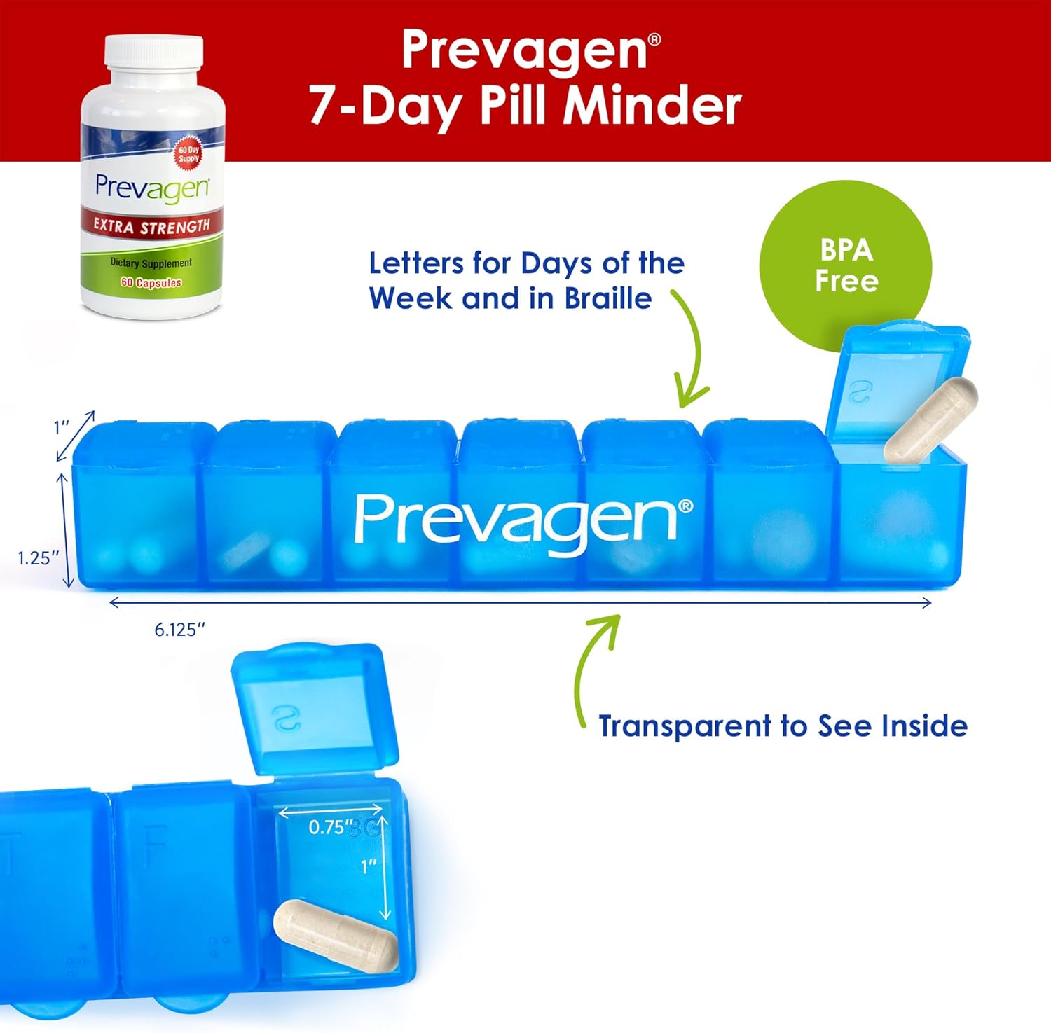 Premium Prevagen Extra Strength 20mg Capsules with Apoaequorin, Vitamin D, and Bonus 7-Day Pill Organizer