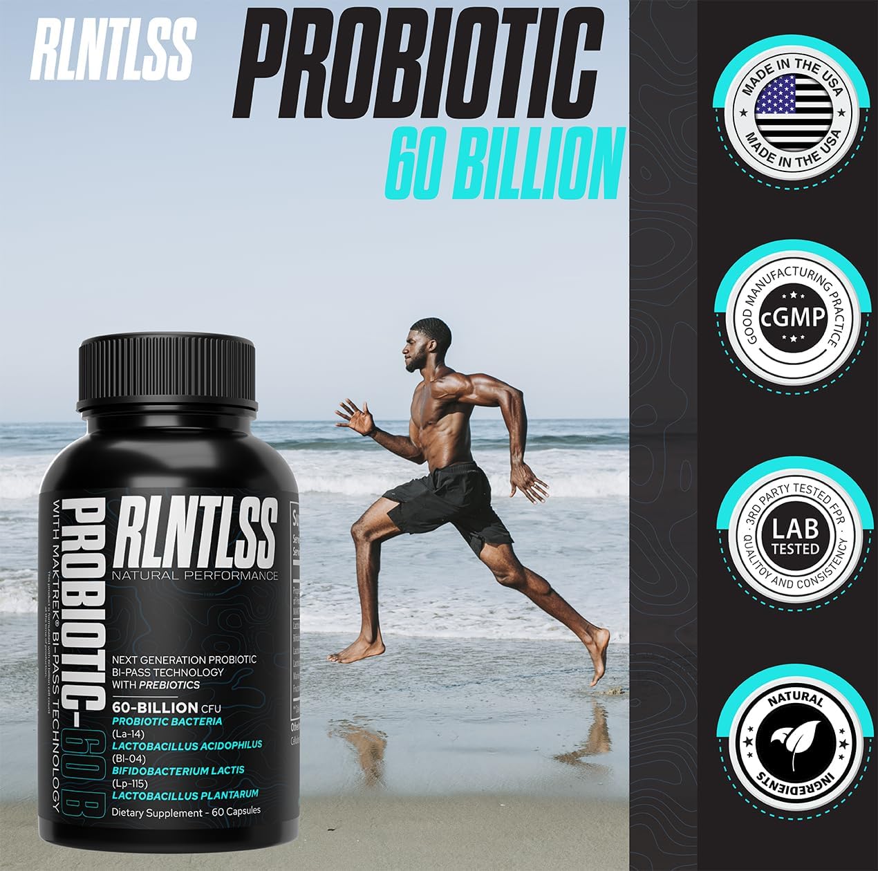 Premium Probiotic Capsules for Men and Women - 60 Billion CFU, 4 Strain Blend, Shelf Stable - Probiotic and Prebiotic Supplement (60 Count)