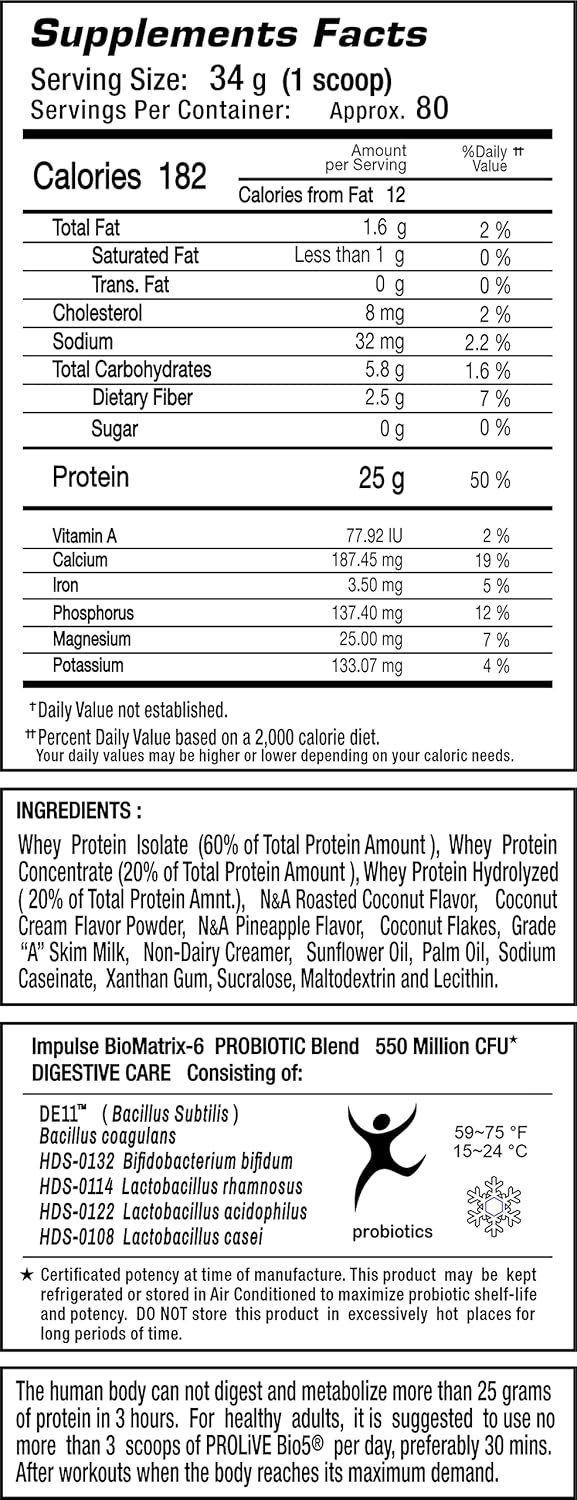 Premium Prolive Bio6 Protein Powder - 25g Ultra Complete Blend with Whey Protein, Low Carb, Zero Sugar - Piña Colada Flavor - 6 LBS