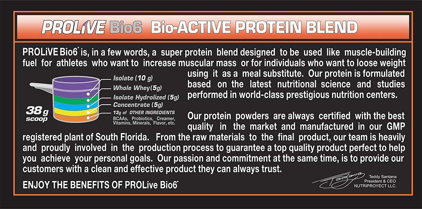 Premium Prolive Bio6 Protein Powder - 25g Ultra Complete Blend with Whey Protein, Low Carb, Zero Sugar - Piña Colada Flavor - 6 LBS