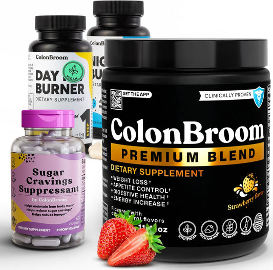 Premium Psyllium Husk Powder & Weight Management Supplements Bundle - ColonBroom, Day&Night Burner, Chromium Picolinate Sugar Craving Suppressant - 60 Servings each