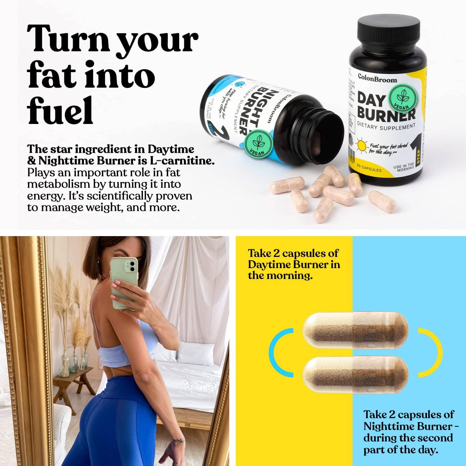Premium Psyllium Husk Powder with Colon Cleanser Fiber Supplement for Bloating Relief & Gut Health, Day & Night Burner Weight Management Pills - 60 Servings