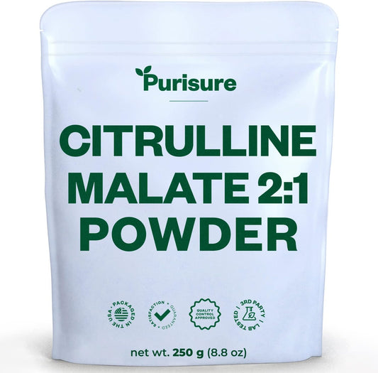 Premium Purisure L-Citrulline Malate Powder 250g - Boost Strength, Performance, Energy - Pre-Workout Supplement for Muscle Pumps and Recovery - 83 Servings