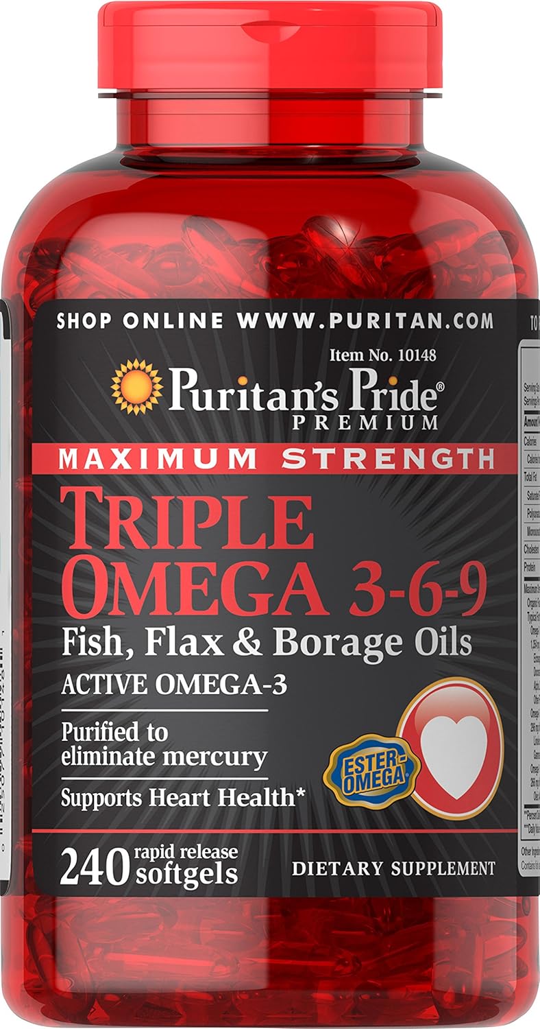 Premium Puritan's Pride Omega 3-6-9 Fish, Flax, and Borage Oils Supplement - 240 Softgels for Heart, Joint, and Cellular Health