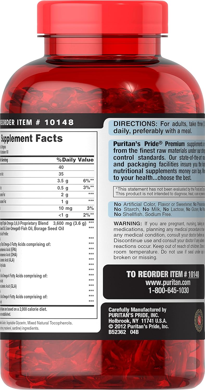 Premium Puritan's Pride Omega 3-6-9 Fish, Flax, and Borage Oils Supplement - 240 Softgels for Heart, Joint, and Cellular Health