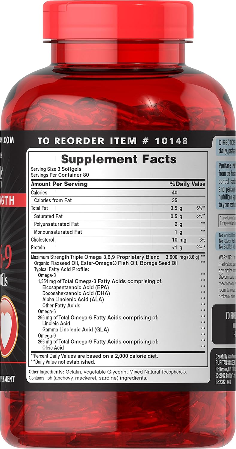 Premium Puritan's Pride Omega 3-6-9 Fish, Flax, and Borage Oils Supplement - 240 Softgels for Heart, Joint, and Cellular Health