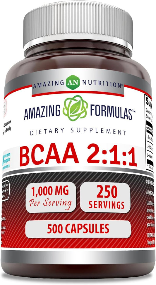 Premium Quality BCAA 2:1:1 Capsules - 1000mg Per Serving | Branched Chain Amino Acids Supplement | Non-GMO, Gluten-Free | Made in USA - 500 Count