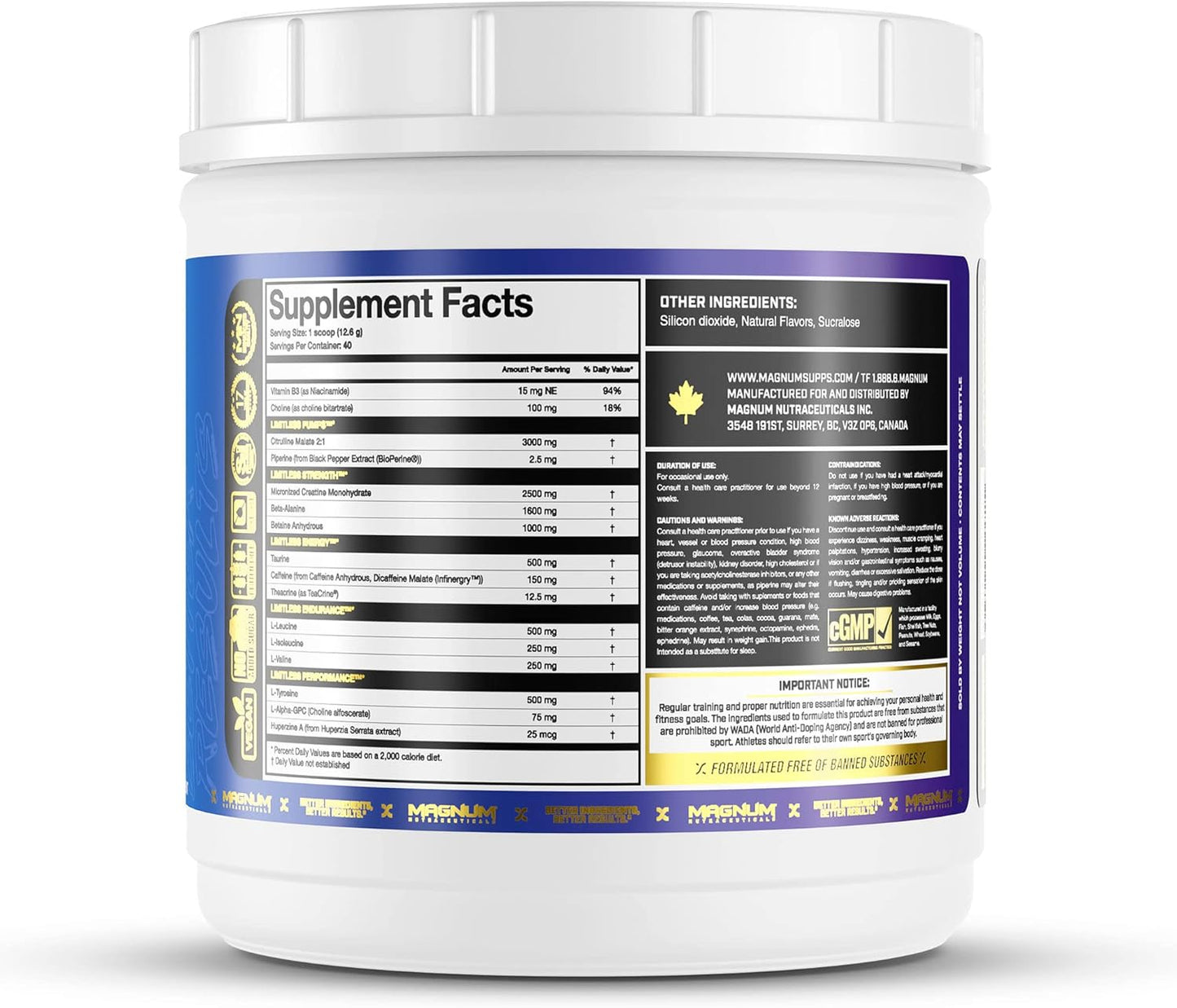 Premium Quality LIMITLESS Magnum Nutraceuticals Blue Raspberry/Fruit Punch Powder - Boosts Energy, Focus, and Endurance - 504g