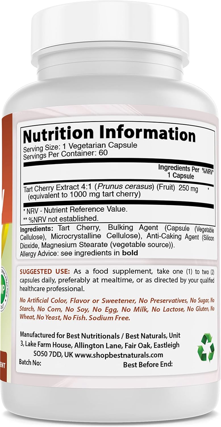 Premium Quality Tart Cherry Extract 1000mg - 60 Vegetarian Capsules by Best Naturals