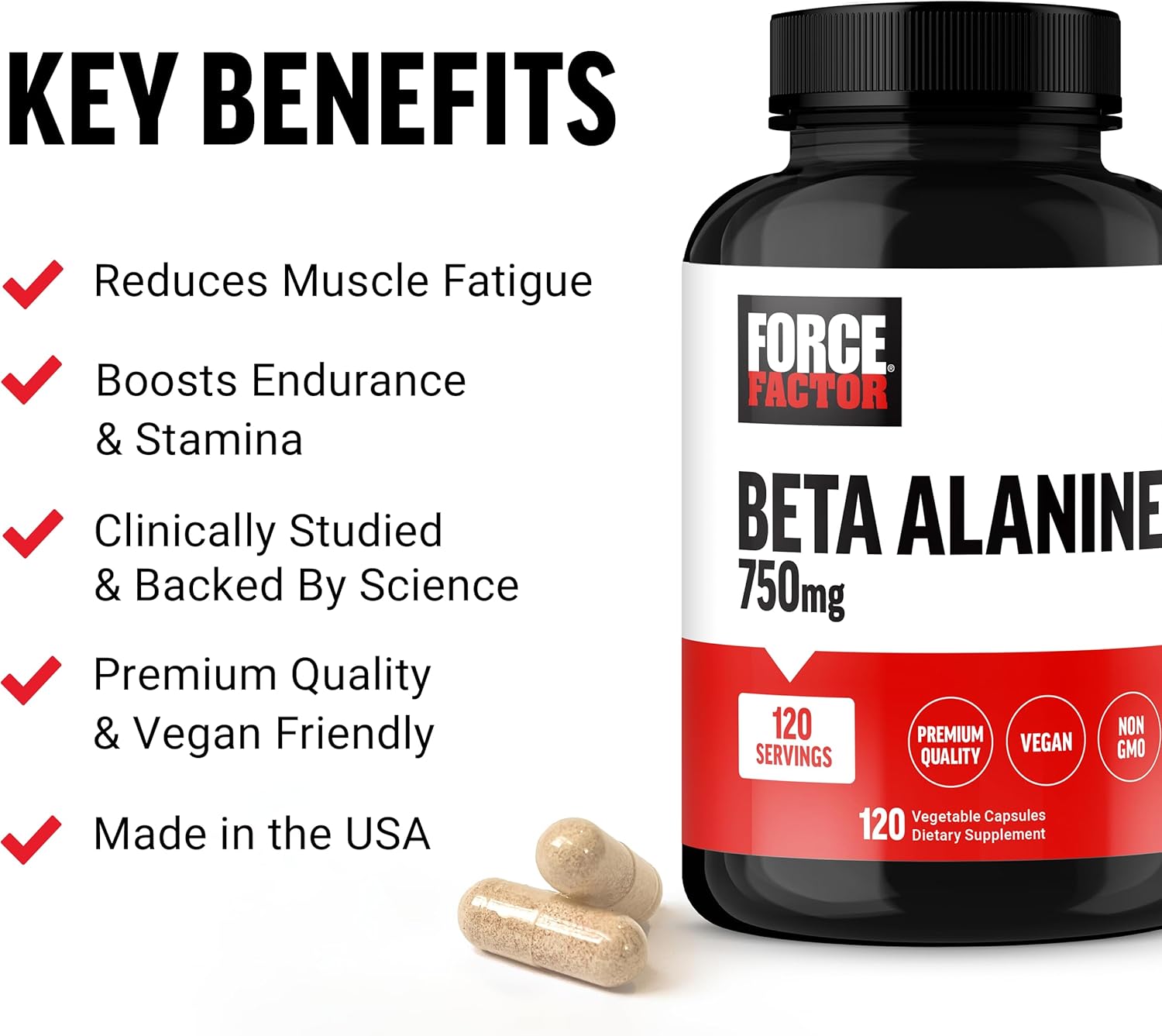 Premium Quality Vegan Beta-Alanine Capsules for Endurance & Performance Boost, Reduce Fatigue, Clinical Dose, Non-GMO - 120 Capsules