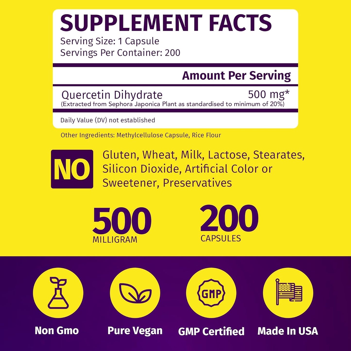 Premium Quercetin 500mg Capsules - Vegan Non GMO Gluten Free Supplement - 200 Count for 6+ Months