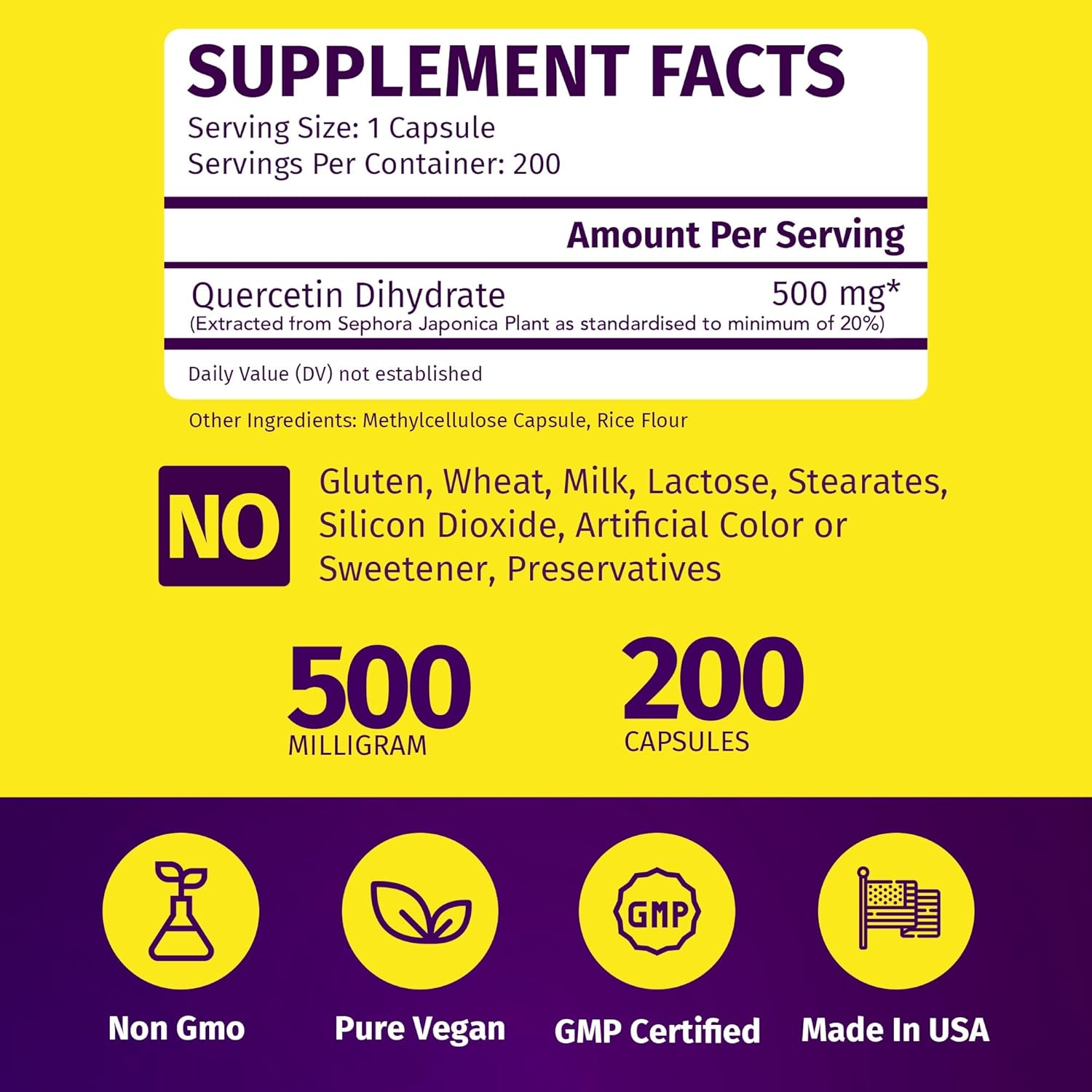 Premium Quercetin 500mg Capsules - Vegan Non GMO Gluten Free Supplement - 200 Count for 6+ Months