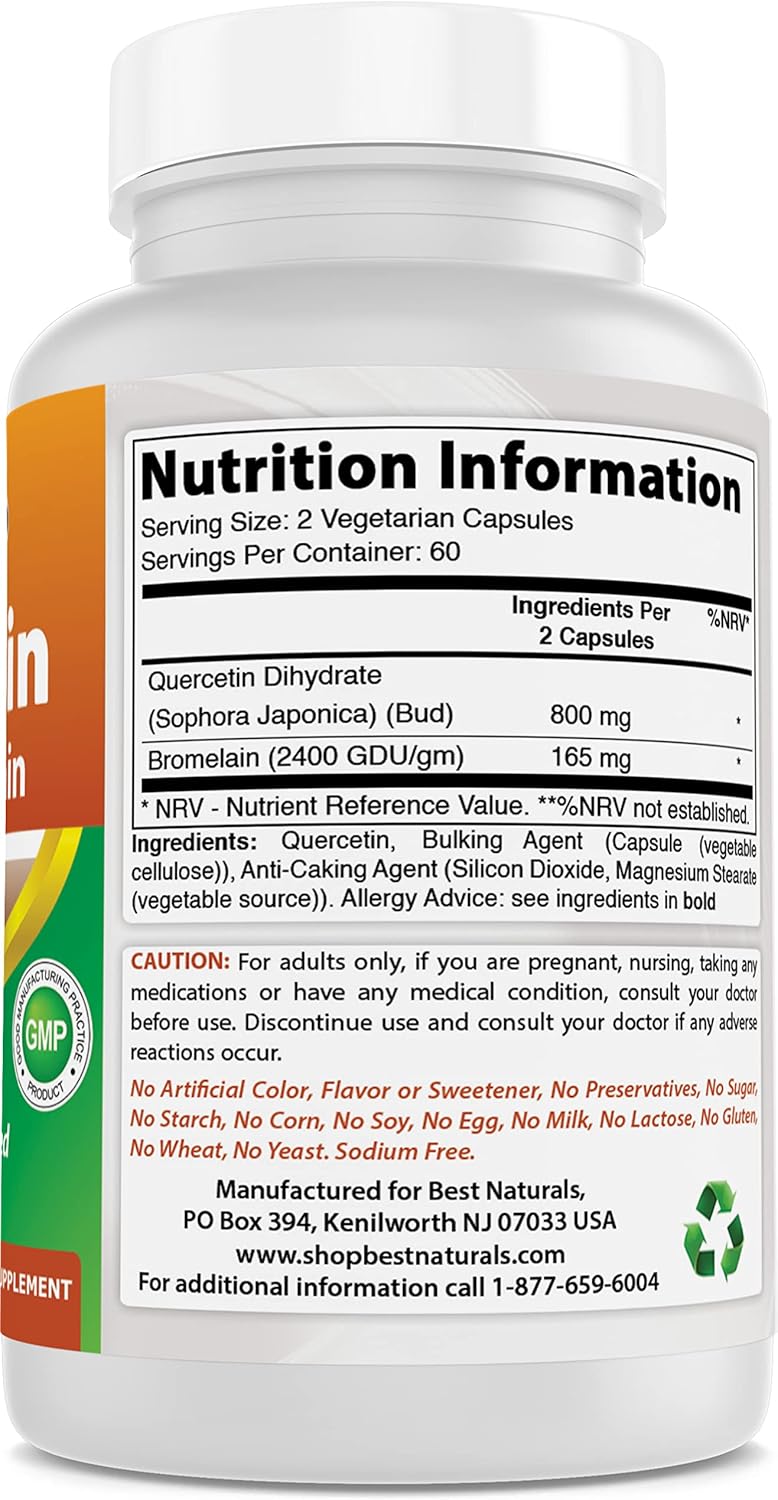 Premium Quercetin with Bromelain Capsules - High Potency All-Natural Supplement for Immune Support - 120 Count