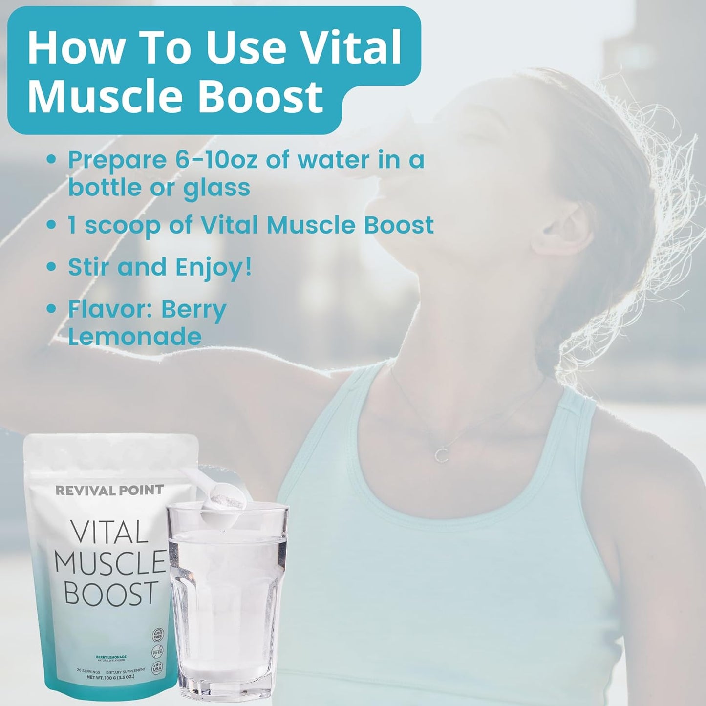 Premium Revival Point Vital Muscle Boost with myHMB and Vitamin D3 - Patented 3000mg HMB Powder Supplement for Healthy Muscles, Energy, and Strength - Supports Protein Synthesis for Active Life