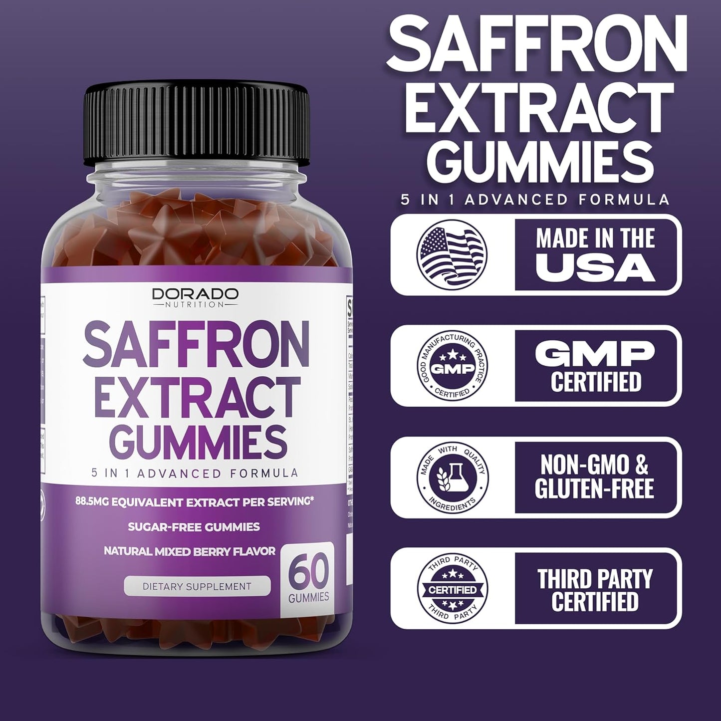 Premium Saffron Gummies - 60 Count Sugar Free Gummy Supplement - 5 in 1 Advanced Formula - Raspberry Flavor - Non GMO & Vegan