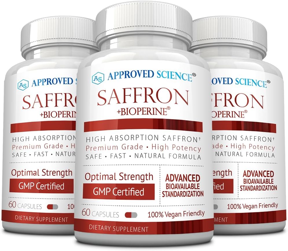 Premium Saffron Supplement with 3% Crocin, 2% Safranal - Enhanced with BioPerine for High Absorption - Vegan, 180 Capsules