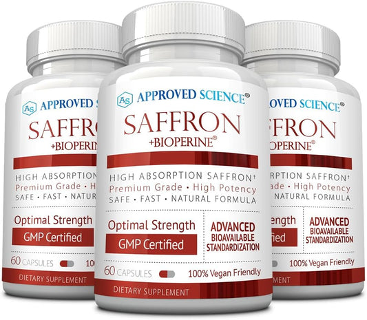 Premium Saffron Supplement with 3% Crocin, 2% Safranal - Enhanced with BioPerine for High Absorption - Vegan, 180 Capsules