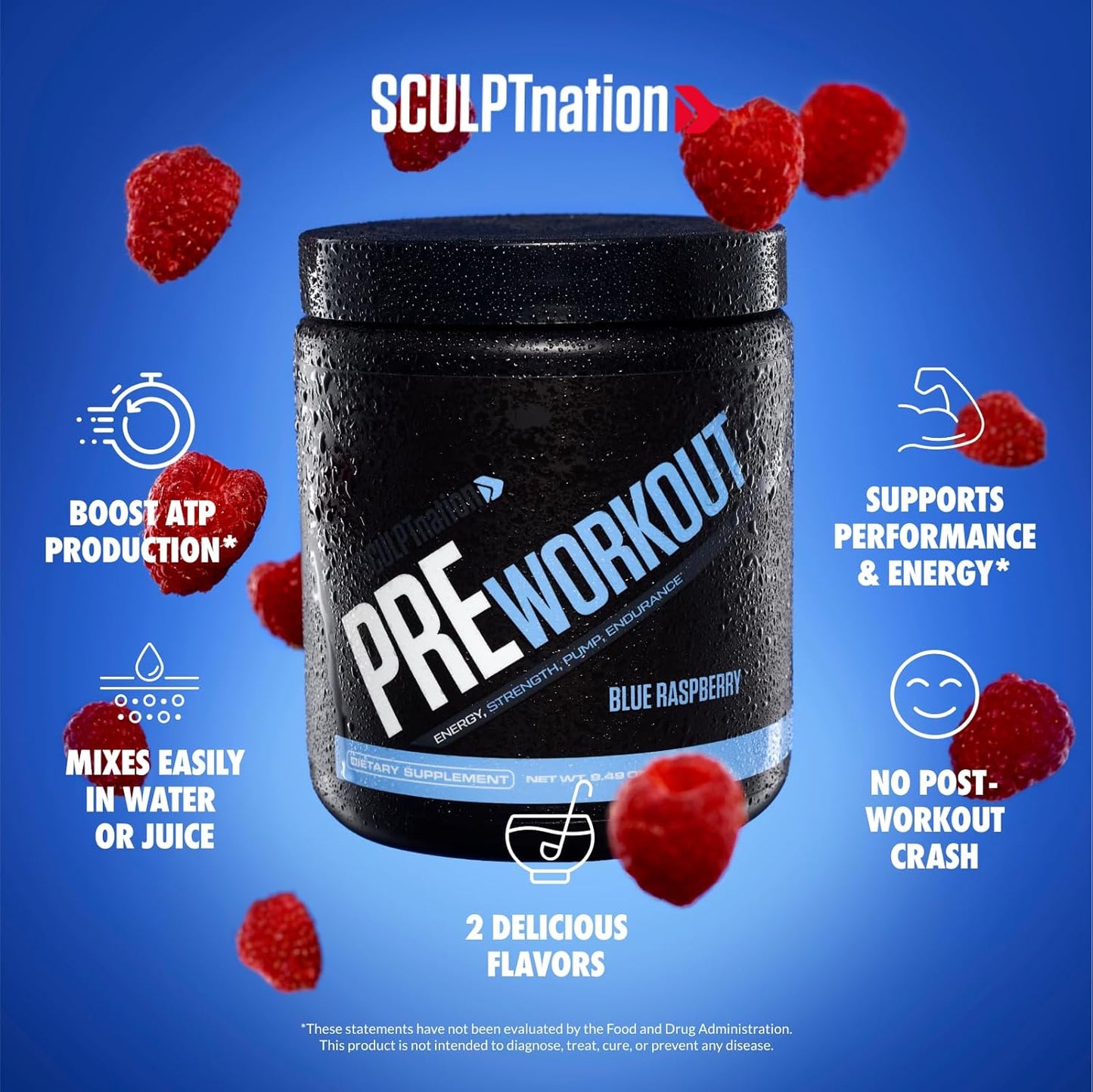 Premium Sculpt Nation PreWorkout Powder - Boost Performance, Endurance, and Energy with Amino Acids - Blue Raspberry Flavor - 30 Servings