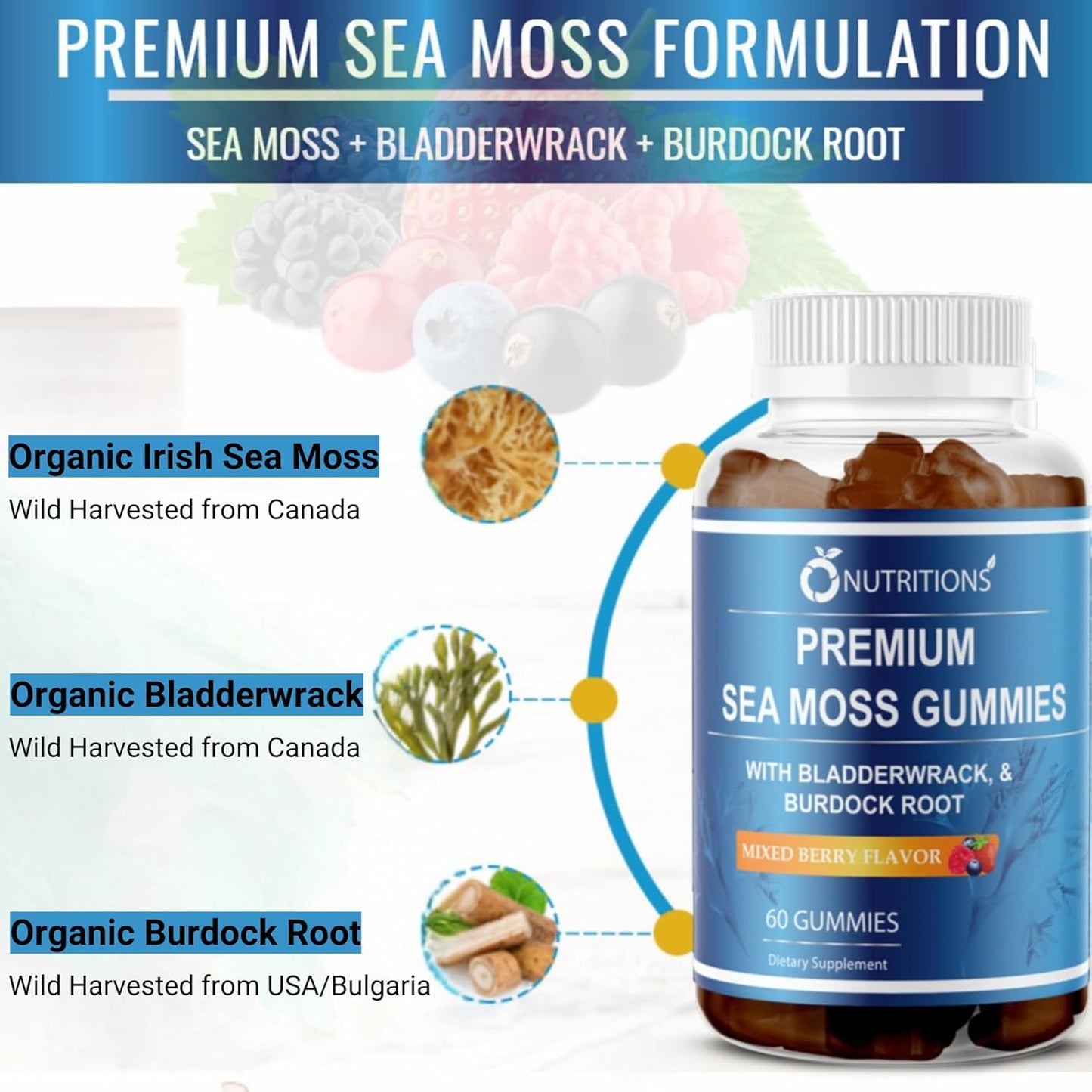 Premium Sea Moss Gummies with Irish Sea Moss, Burdock Root, Bladderwrack - Raw Alkaline Supplement by O NUTRITIONS