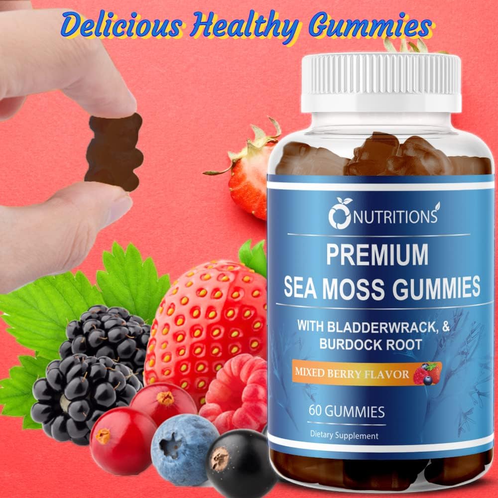 Premium Sea Moss Gummies with Irish Sea Moss, Burdock Root, Bladderwrack - Raw Alkaline Supplement by O NUTRITIONS