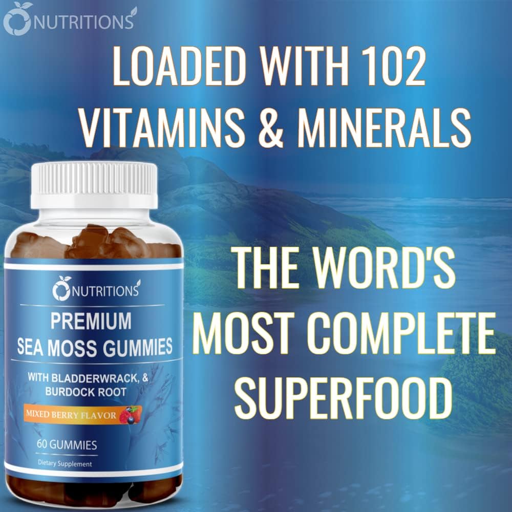 Premium Sea Moss Gummies with Irish Sea Moss, Burdock Root, Bladderwrack - Raw Alkaline Supplement by O NUTRITIONS