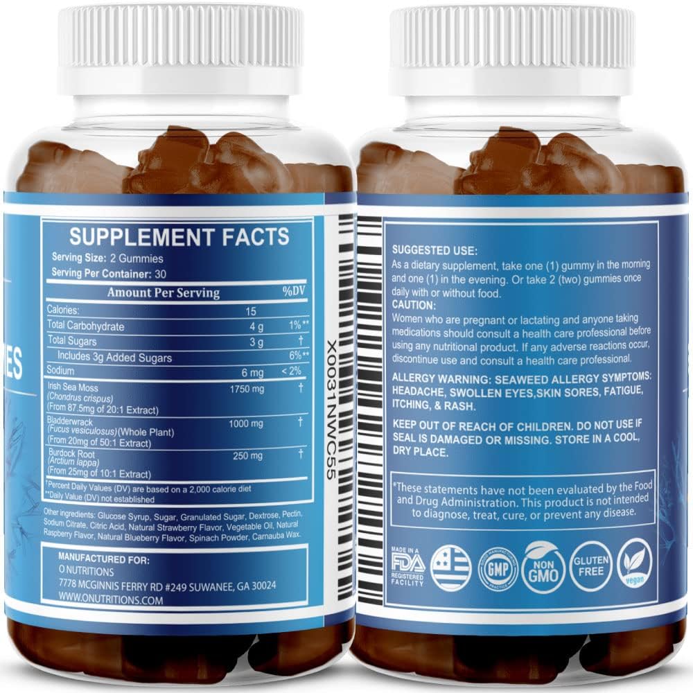 Premium Sea Moss Gummies with Irish Sea Moss, Burdock Root, Bladderwrack - Raw Alkaline Supplement by O NUTRITIONS