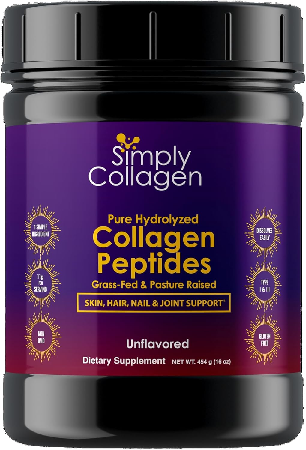 Premium Simply Collagen® Hydrolyzed Peptides for Hair, Skin, Nails, Bones & Joints - Grass Fed, Type I & III - 41 Servings