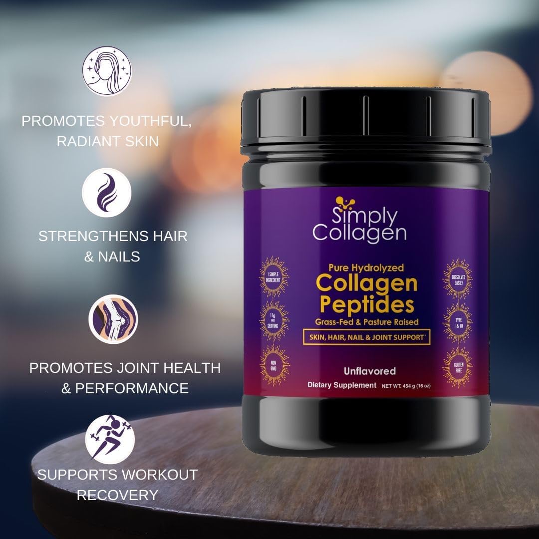 Premium Simply Collagen® Hydrolyzed Peptides for Hair, Skin, Nails, Bones & Joints - Grass Fed, Type I & III - 41 Servings